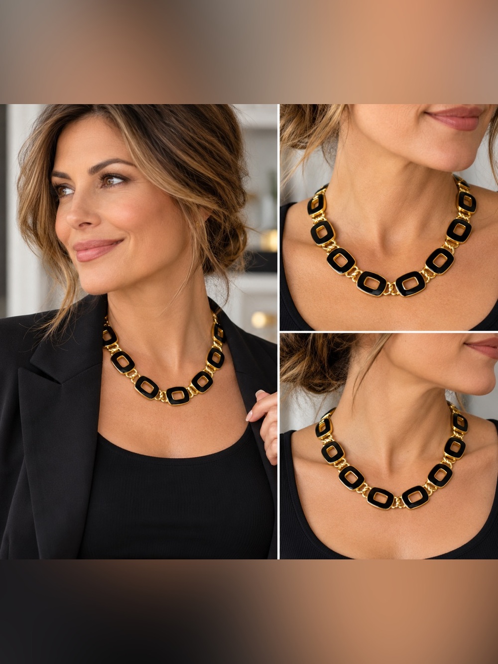 Vintage Napier Black Enamel Gold Tone Geometric Link Statement Necklace